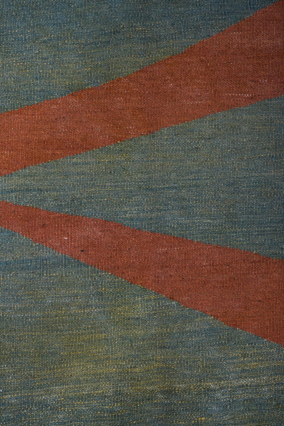9' x 12' one-of-a-kind handmade vintage Kilim large size rug. Color palette: terra cotta, teal, ivory, navy, terracotta