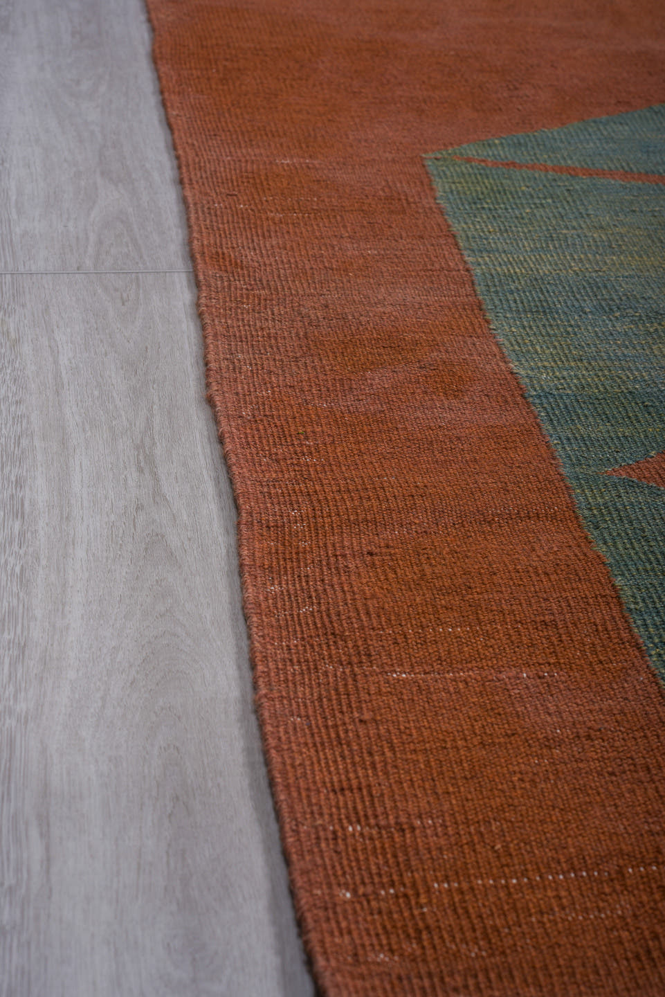 9' x 12' one-of-a-kind handmade vintage Kilim large size rug. Color palette: terra cotta, teal, ivory, navy, terracotta