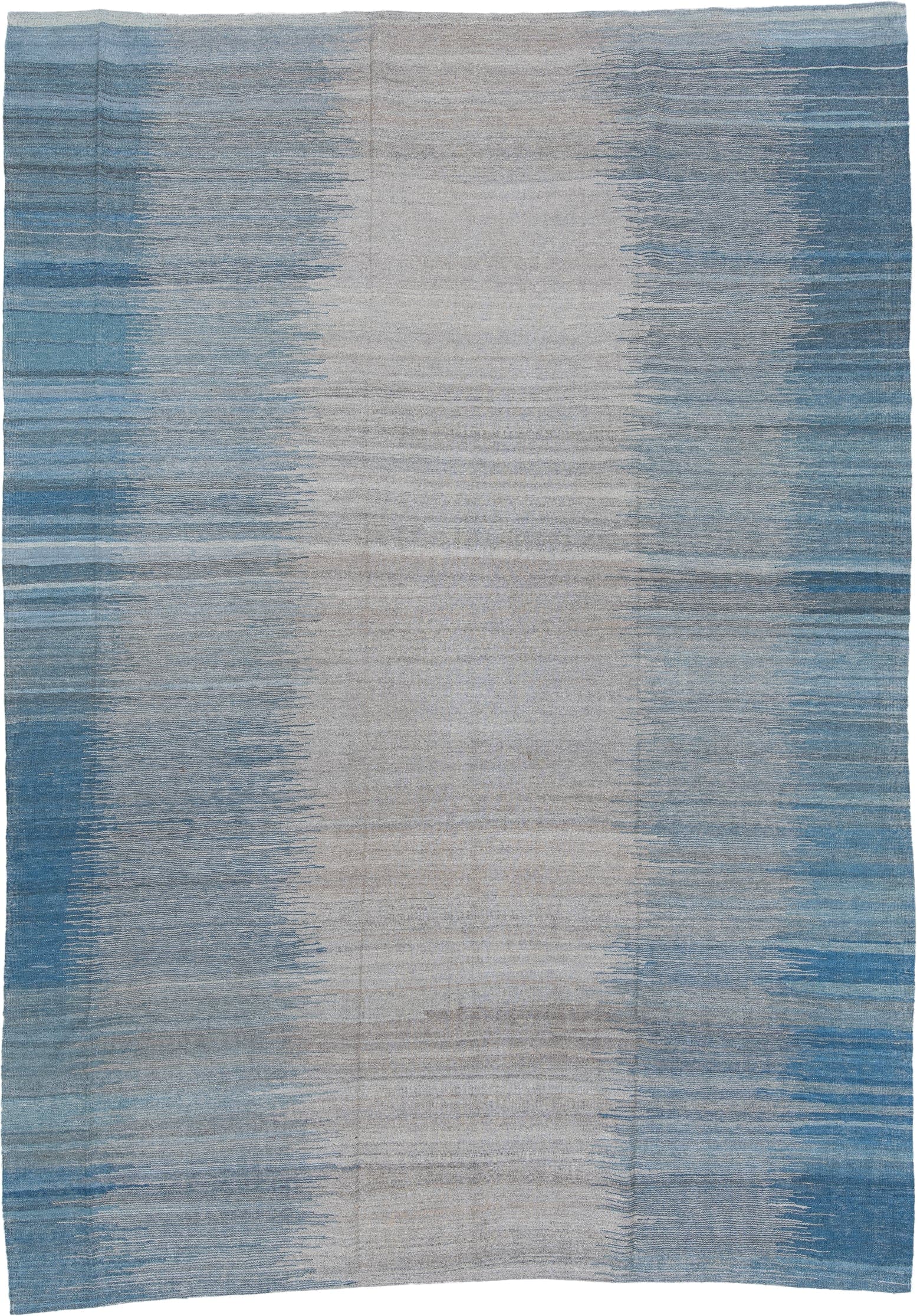 8' x 11' one-of-a-kind handmade vintage Kilim large size rug. Color palette: sky blue, ivory, slate, powder blue, steel blue