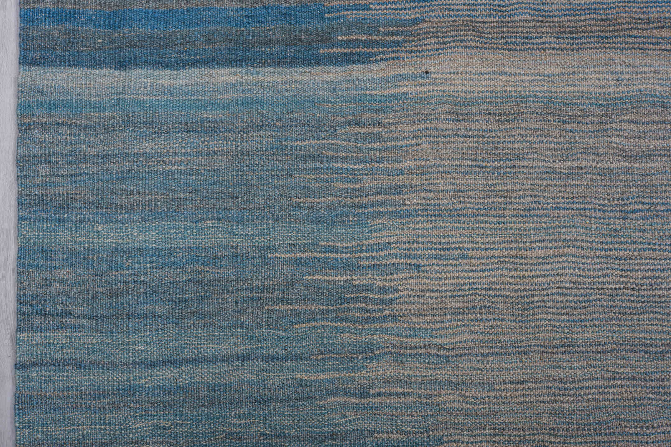 8' x 11' one-of-a-kind handmade vintage Kilim large size rug. Color palette: sky blue, ivory, slate, powder blue, steel blue