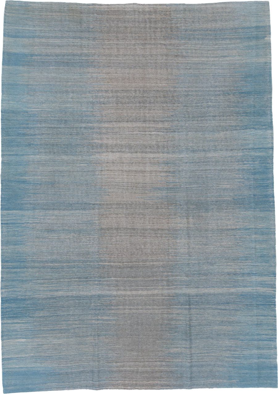 8' x 12' one-of-a-kind handmade vintage Kilim large size rug. Color palette: sky blue, gray, slate, ivory, light blue