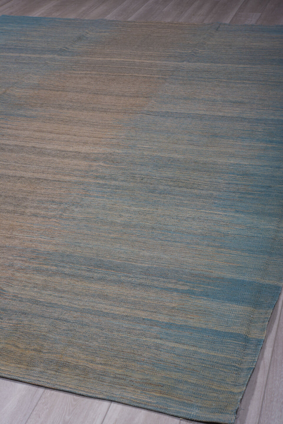8' x 12' one-of-a-kind handmade vintage Kilim large size rug. Color palette: sky blue, gray, slate, ivory, light blue