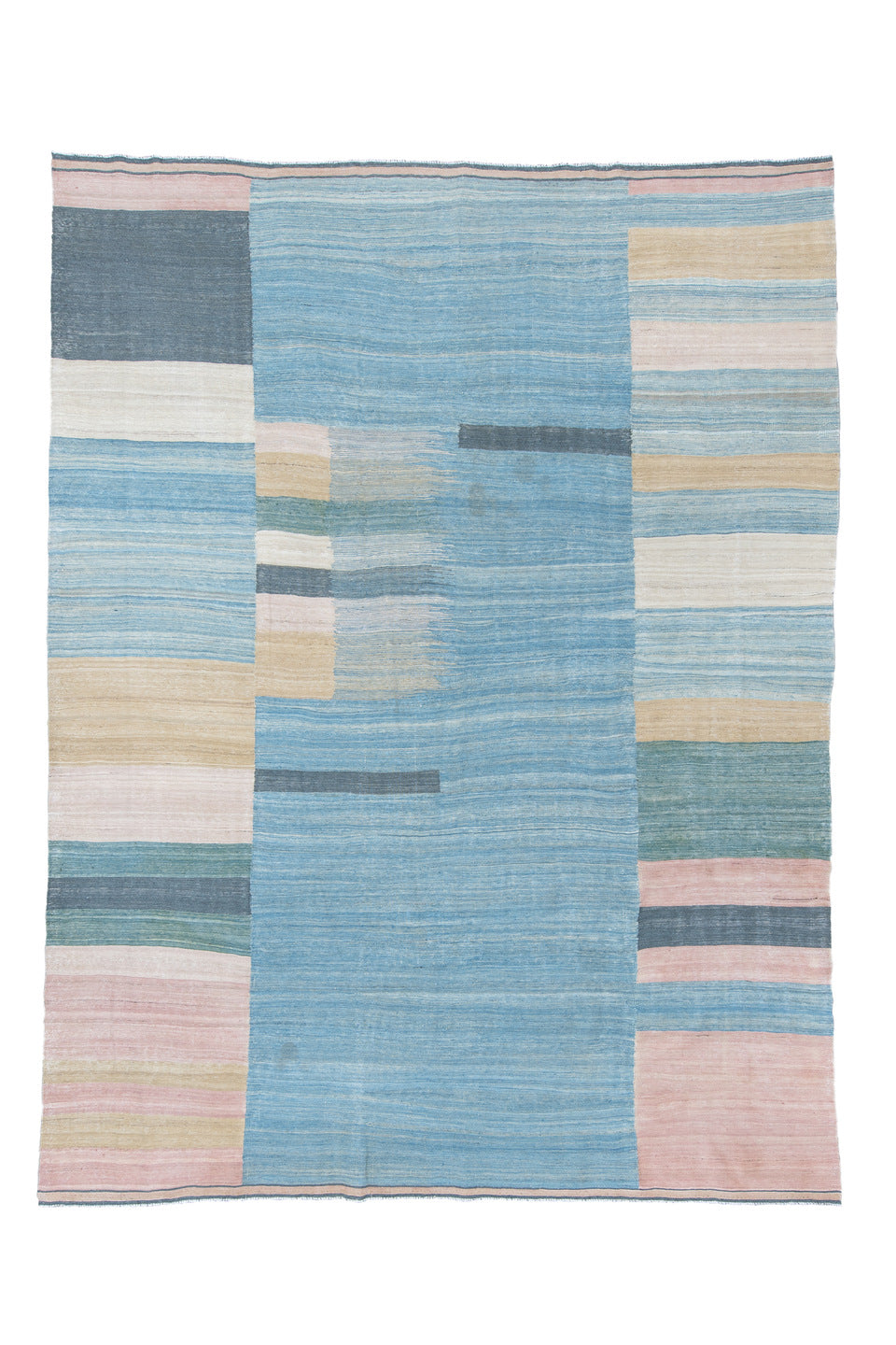 8' x 11' one-of-a-kind handmade vintage Kilim large size rug. Color palette: blue, brown, dark gray, gray, light blue