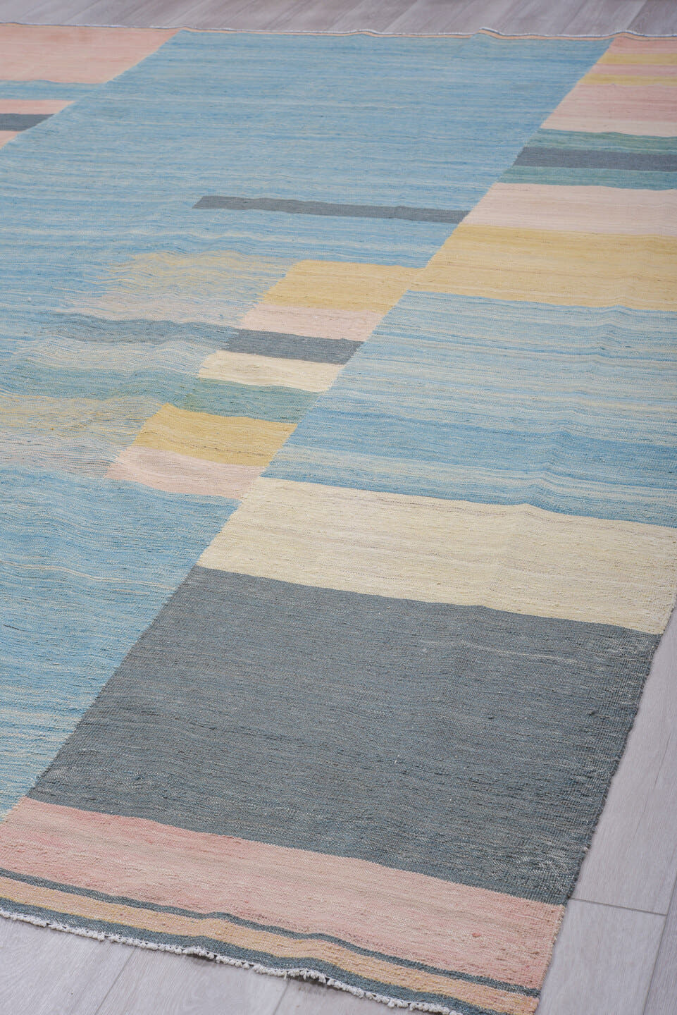 9' x 11' one-of-a-kind handmade vintage Kilim large size rug. Color palette: sky blue, blush, ivory, sand, slate, teal