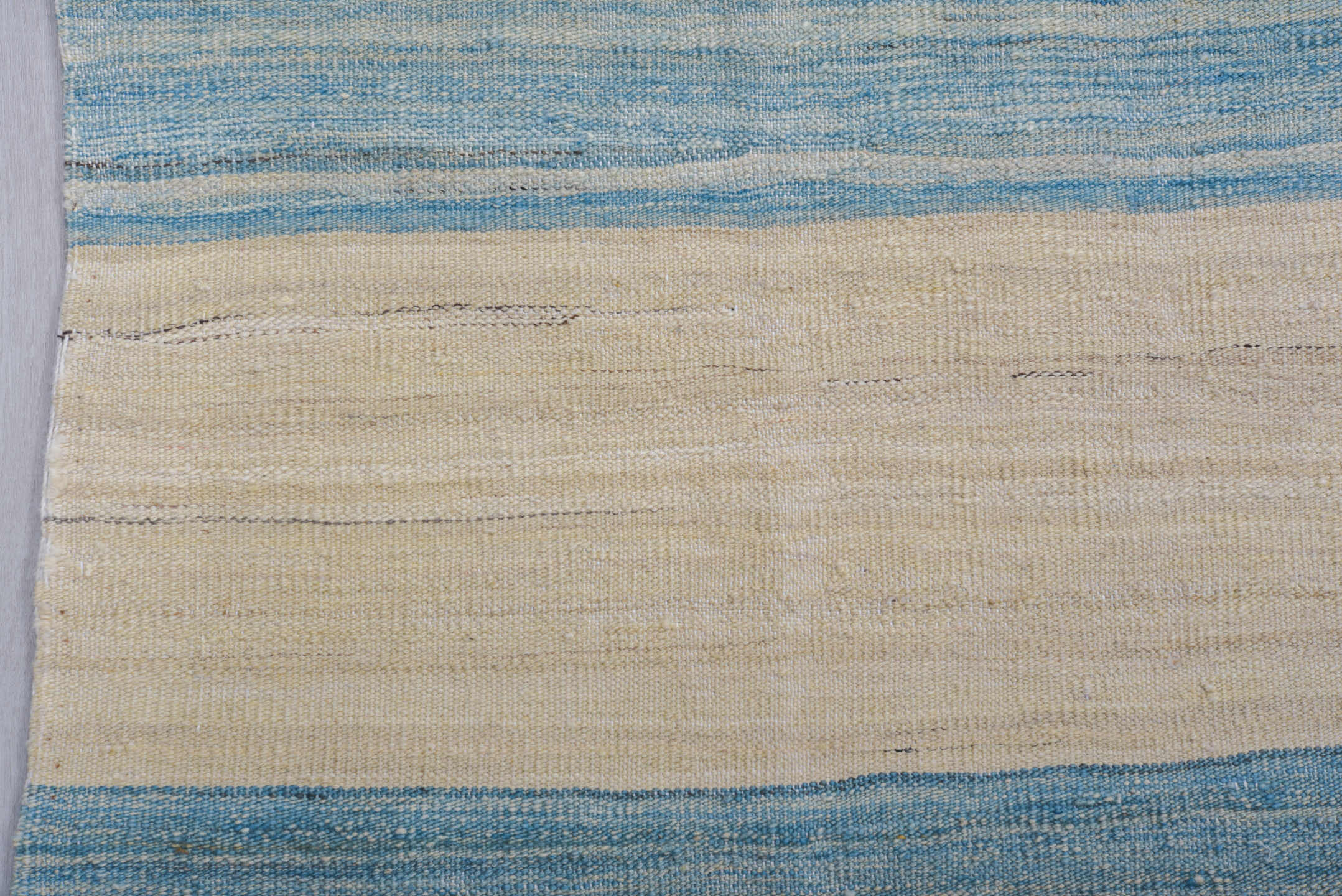 9' x 11' one-of-a-kind handmade vintage Kilim large size rug. Color palette: sky blue, blush, ivory, sand, slate, teal