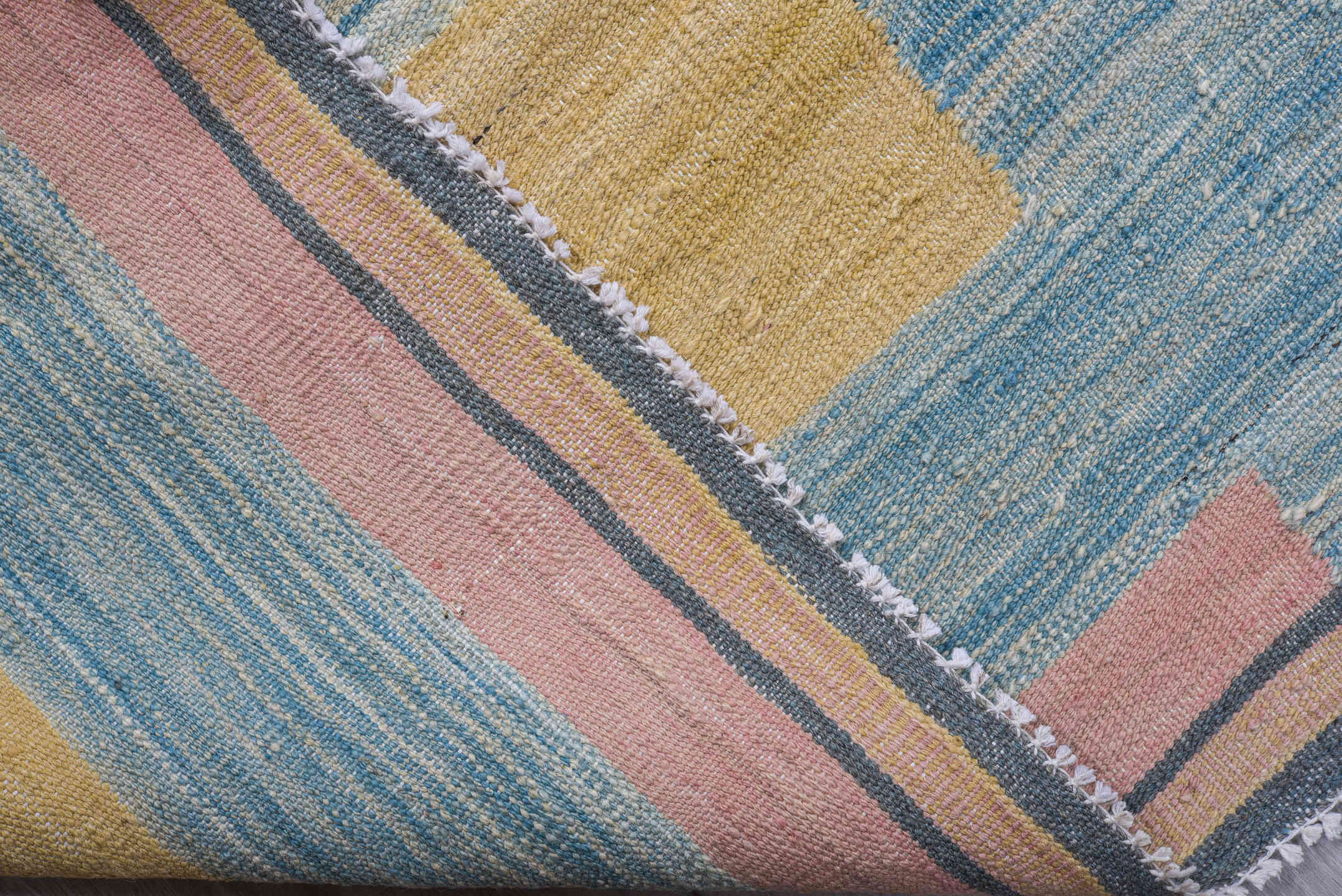 9' x 11' one-of-a-kind handmade vintage Kilim large size rug. Color palette: sky blue, blush, ivory, sand, slate, teal