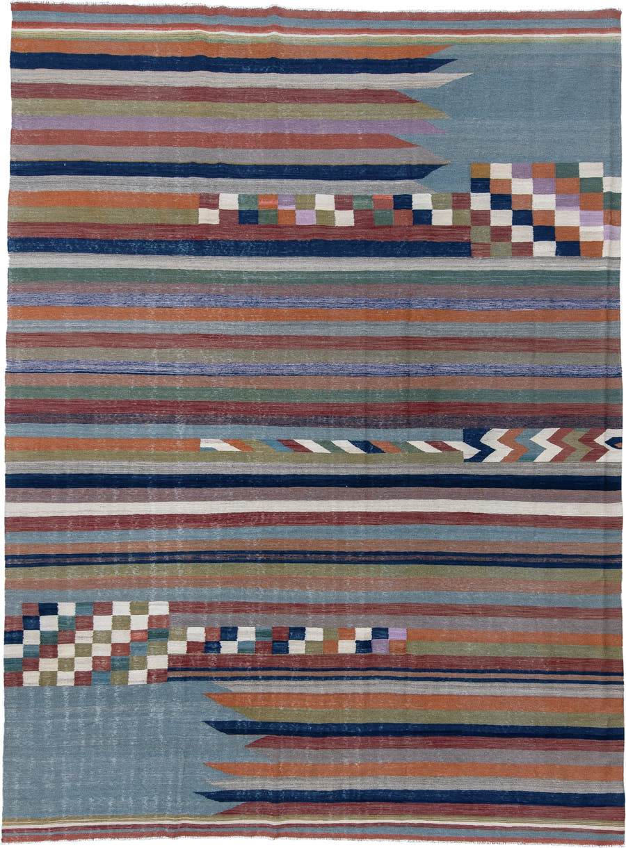 9' x 12' one-of-a-kind handmade vintage Kilim large size rug. Color palette: sky blue, rust, navy, ivory, sage, rose