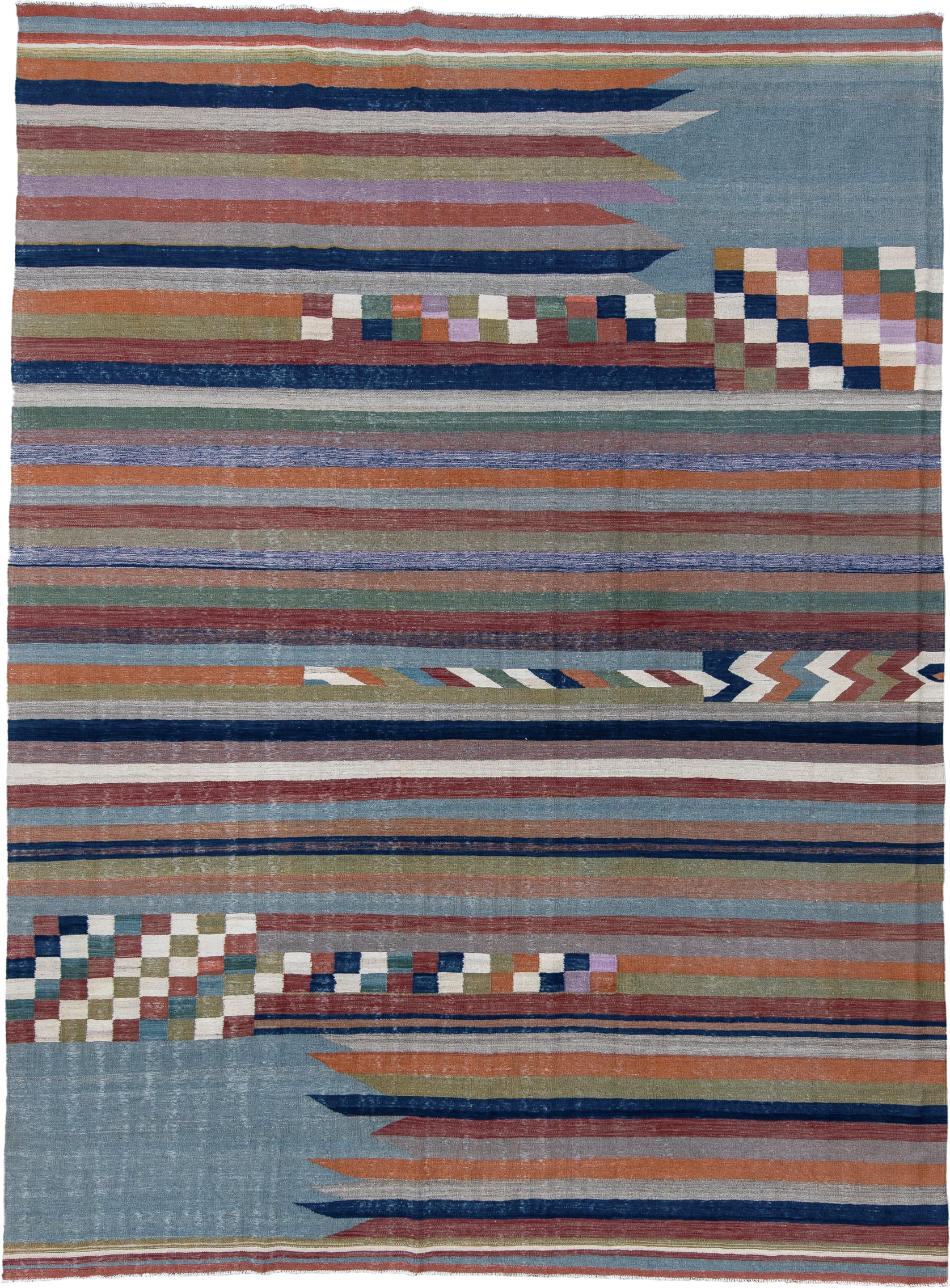 9' x 12' one-of-a-kind handmade vintage Kilim large size rug. Color palette: sky blue, rust, navy, ivory, sage, rose