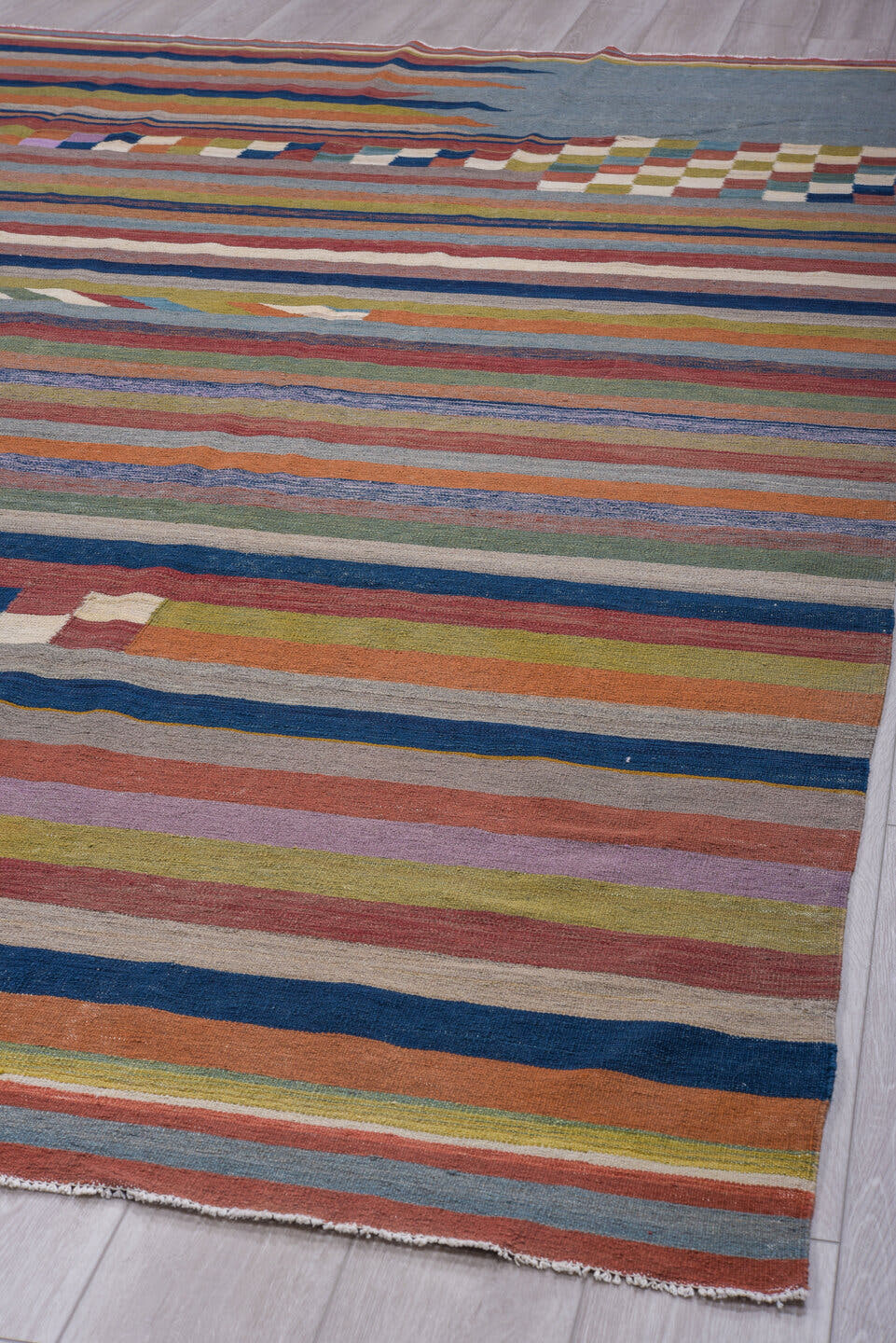 9' x 12' one-of-a-kind handmade vintage Kilim large size rug. Color palette: sky blue, rust, navy, ivory, sage, rose