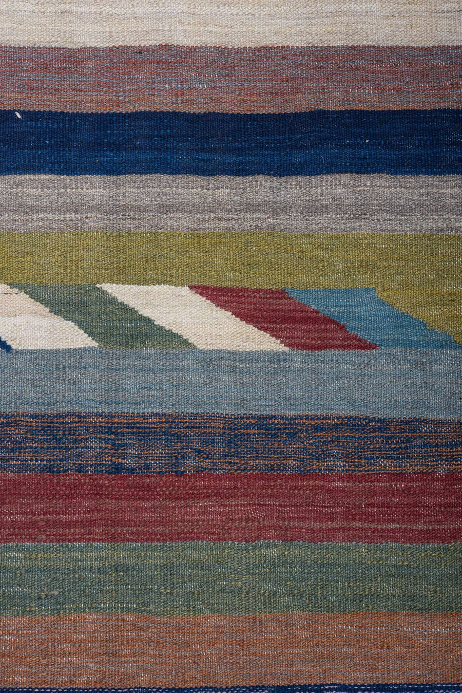 9' x 12' one-of-a-kind handmade vintage Kilim large size rug. Color palette: sky blue, rust, navy, ivory, sage, rose