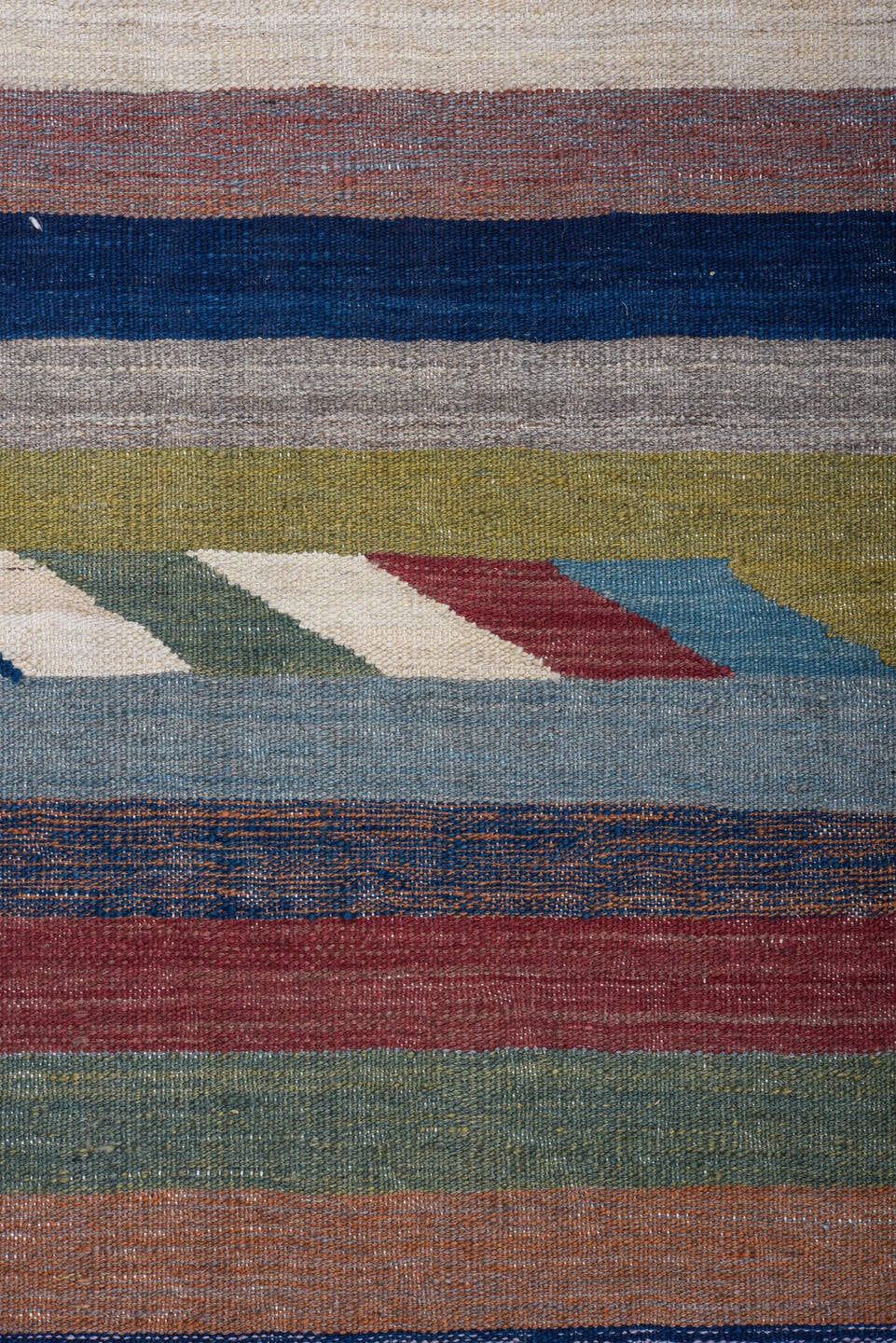 9' x 12' one-of-a-kind handmade vintage Kilim large size rug. Color palette: sky blue, rust, navy, ivory, sage, rose