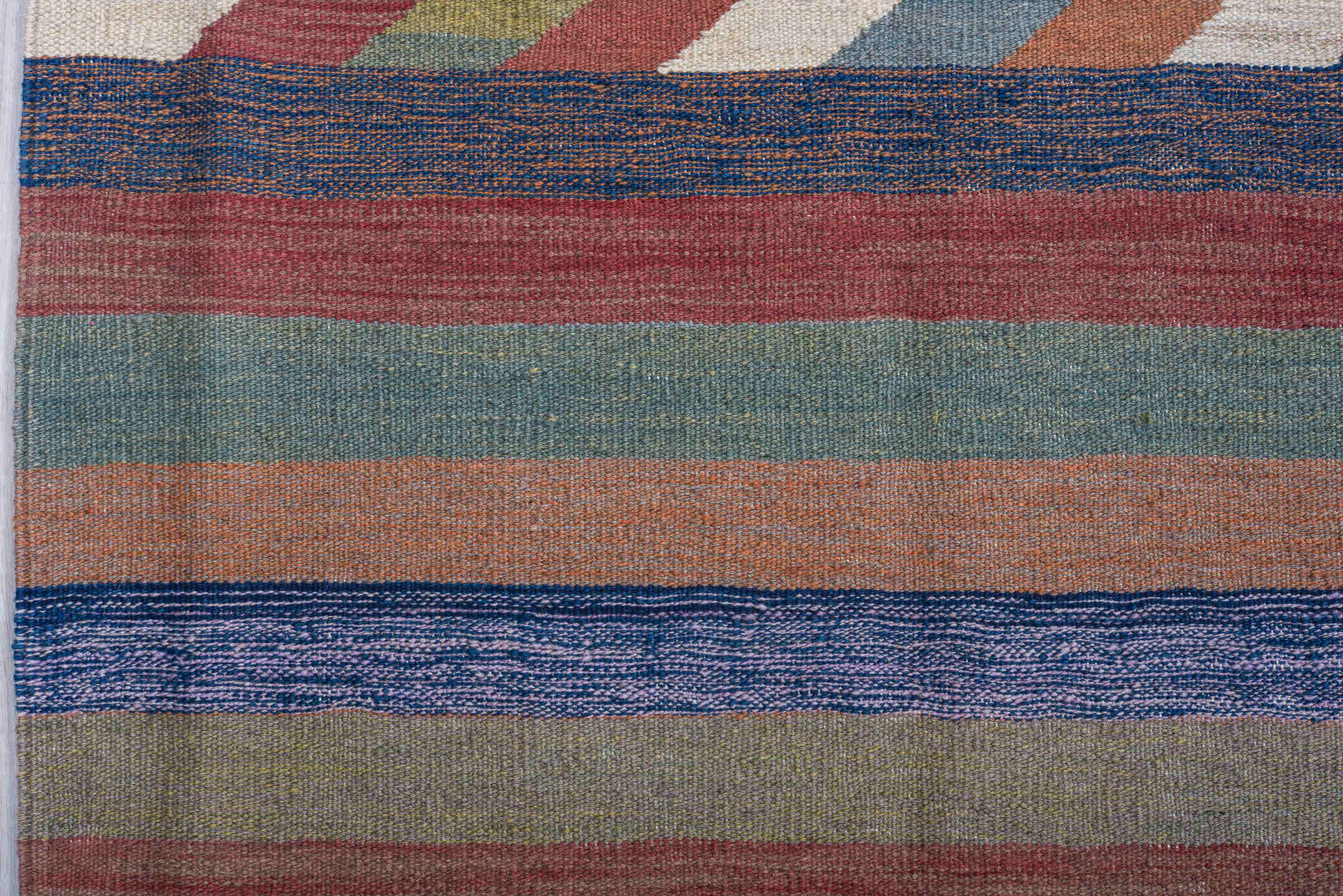 9' x 12' one-of-a-kind handmade vintage Kilim large size rug. Color palette: sky blue, rust, navy, ivory, sage, rose