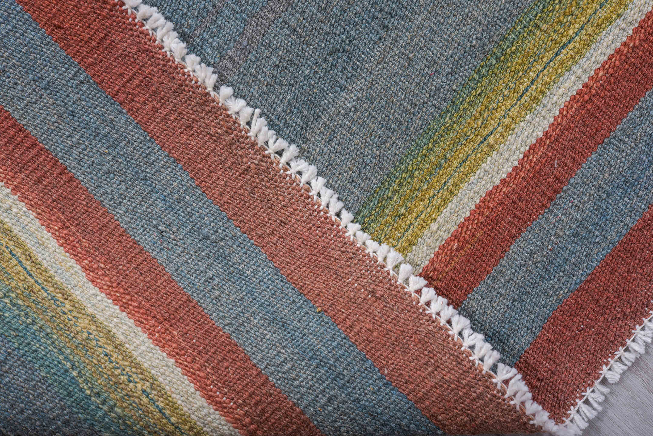 9' x 12' one-of-a-kind handmade vintage Kilim large size rug. Color palette: sky blue, rust, navy, ivory, sage, rose