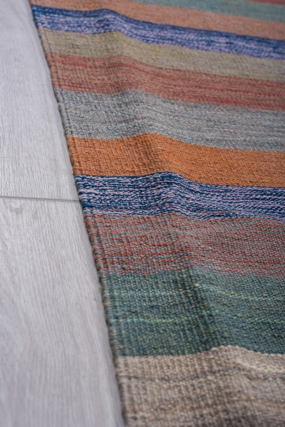 9' x 12' one-of-a-kind handmade vintage Kilim large size rug. Color palette: sky blue, rust, navy, ivory, sage, rose