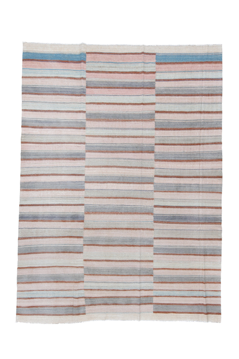 8' x 12' one-of-a-kind handmade vintage Kilim large size rug. Color palette: blue, brown, dim gray, gray, light blue
