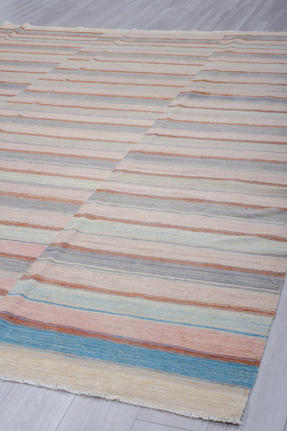 8' x 12' one-of-a-kind handmade vintage Kilim large size rug. Color palette: ivory, blush, slate, sky_blue, rust, taupe