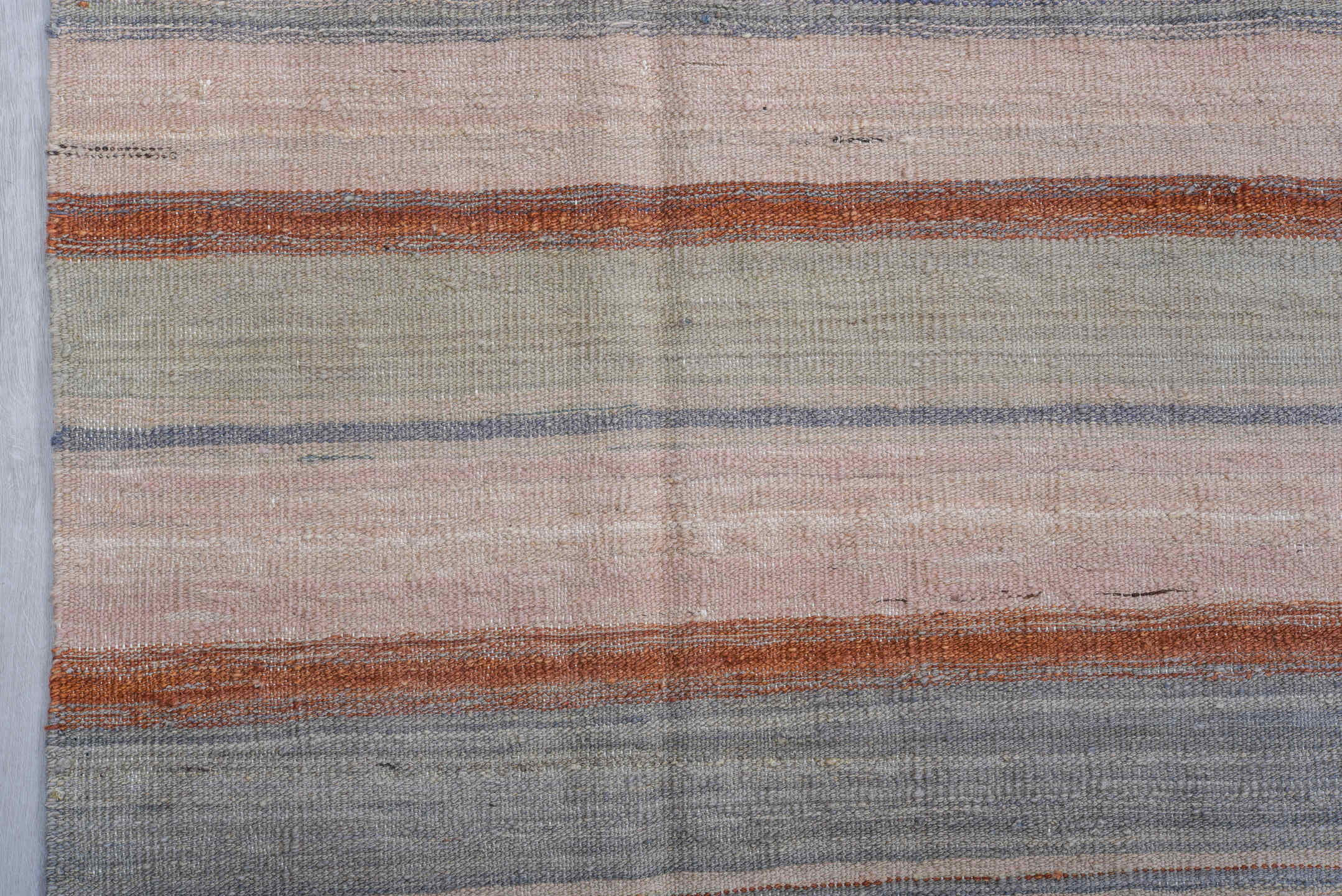 8' x 12' one-of-a-kind handmade vintage Kilim large size rug. Color palette: ivory, blush, slate, sky_blue, rust, taupe