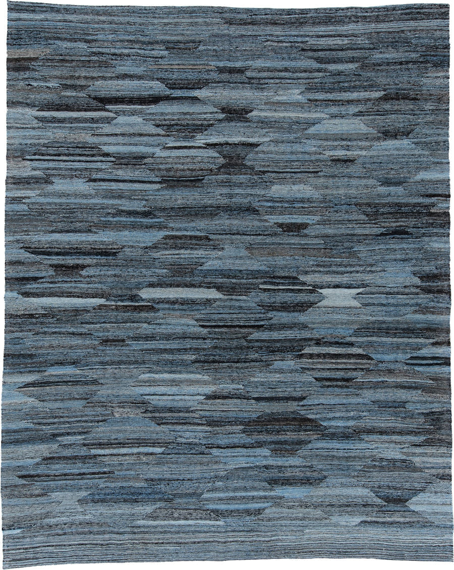 9' x 11' one-of-a-kind handmade vintage Kilim large size rug. Color palette: blue gray, slate, charcoal, steel blue, ivory