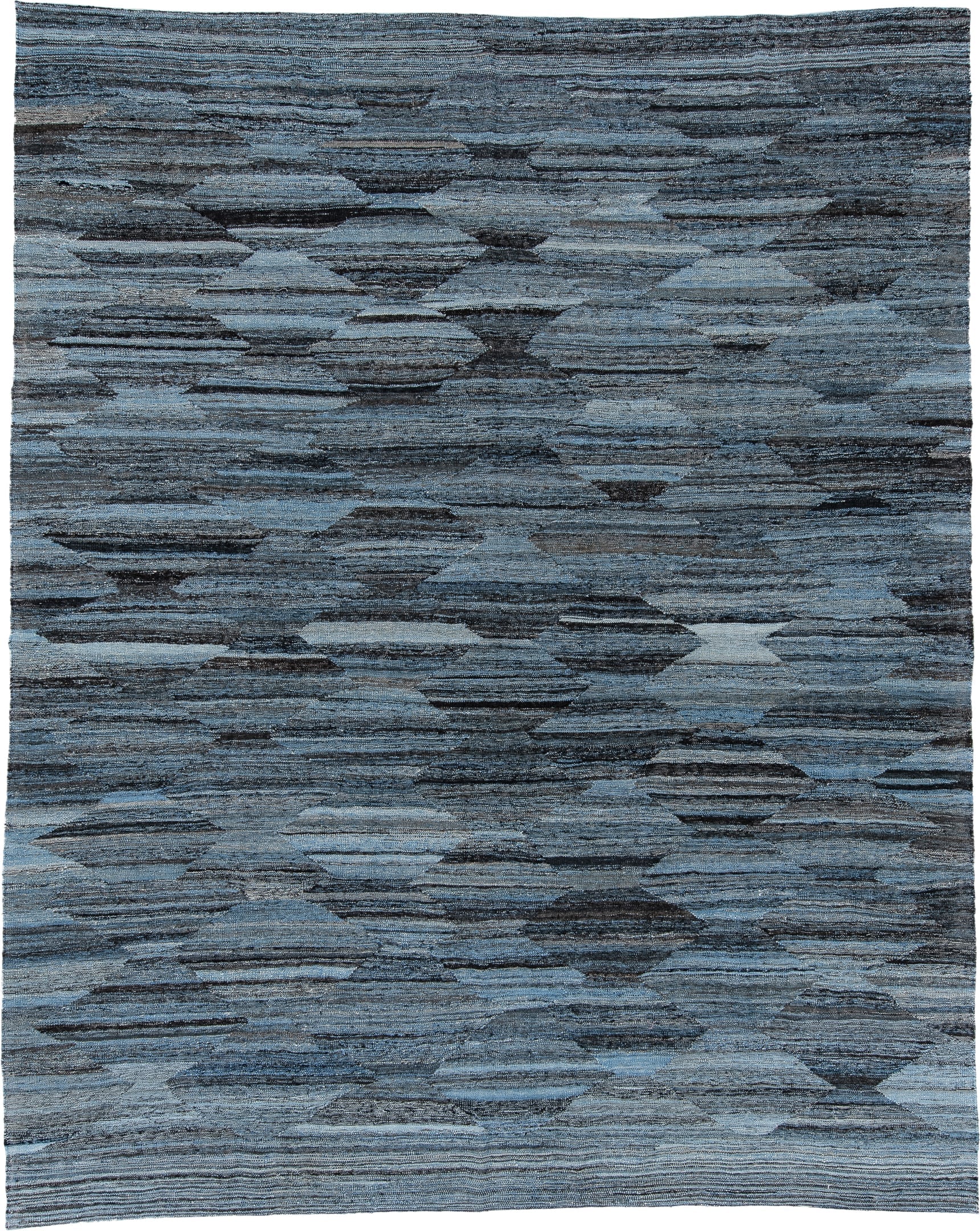 9' x 11' one-of-a-kind handmade vintage Kilim large size rug. Color palette: blue gray, slate, charcoal, steel blue, ivory