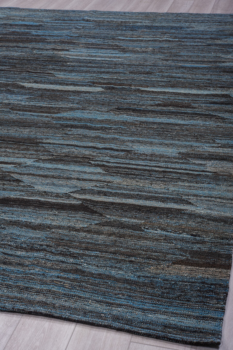 9' x 11' one-of-a-kind handmade vintage Kilim large size rug. Color palette: blue gray, slate, charcoal, steel blue, ivory
