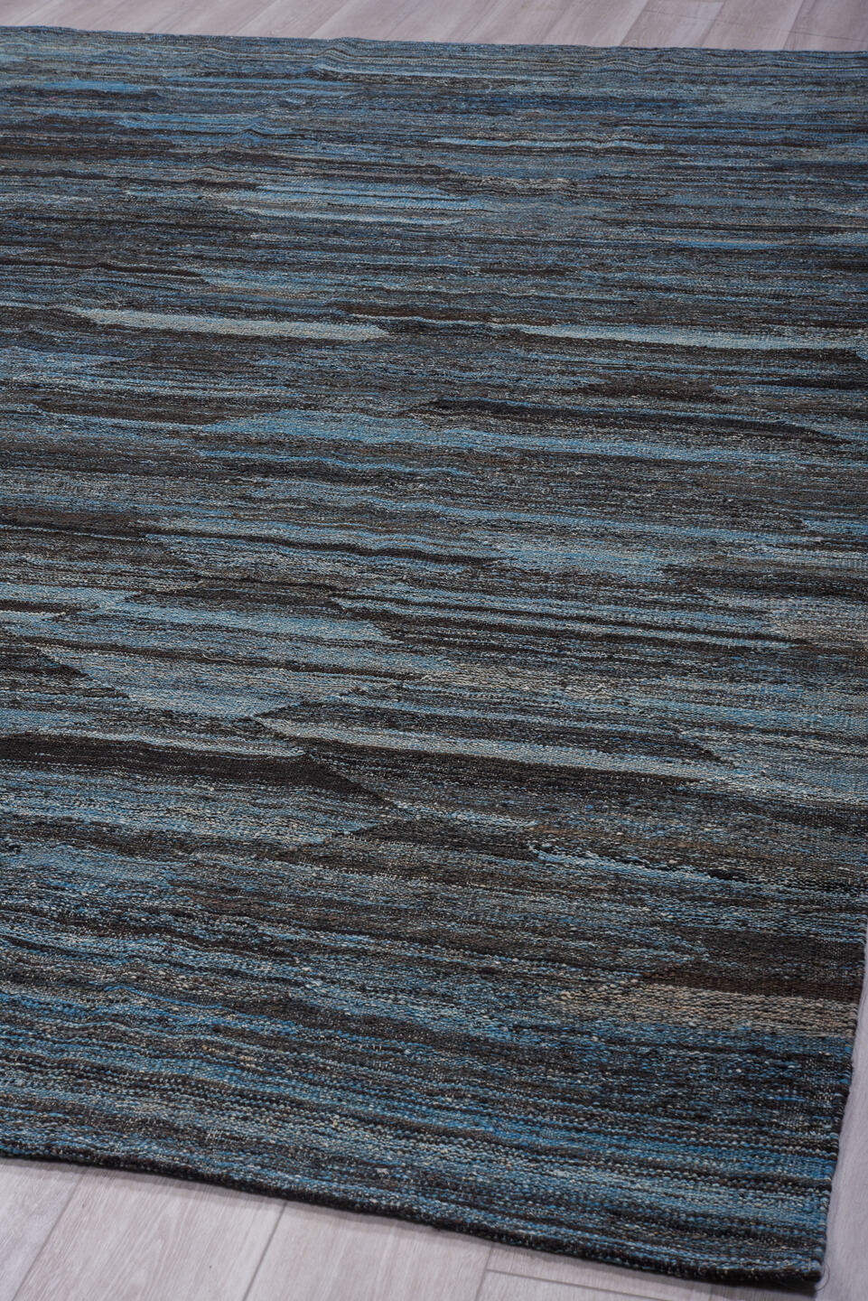 9' x 11' one-of-a-kind handmade vintage Kilim large size rug. Color palette: blue gray, slate, charcoal, steel blue, ivory