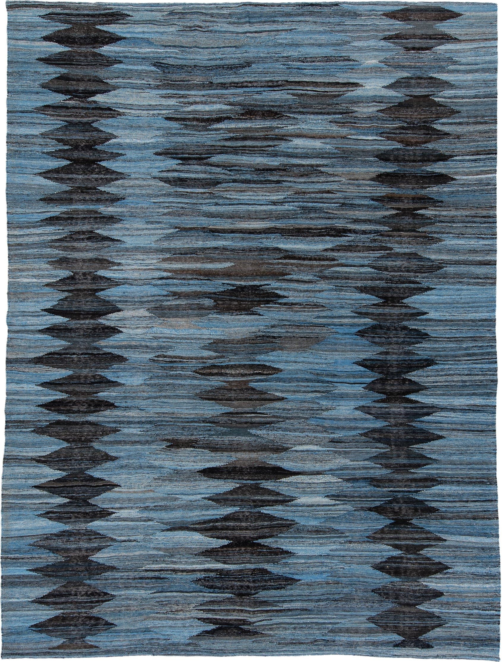 9' x 11' one-of-a-kind handmade vintage Kilim large size rug. Color palette: blue, charcoal, slate, black, steel_blue, gray