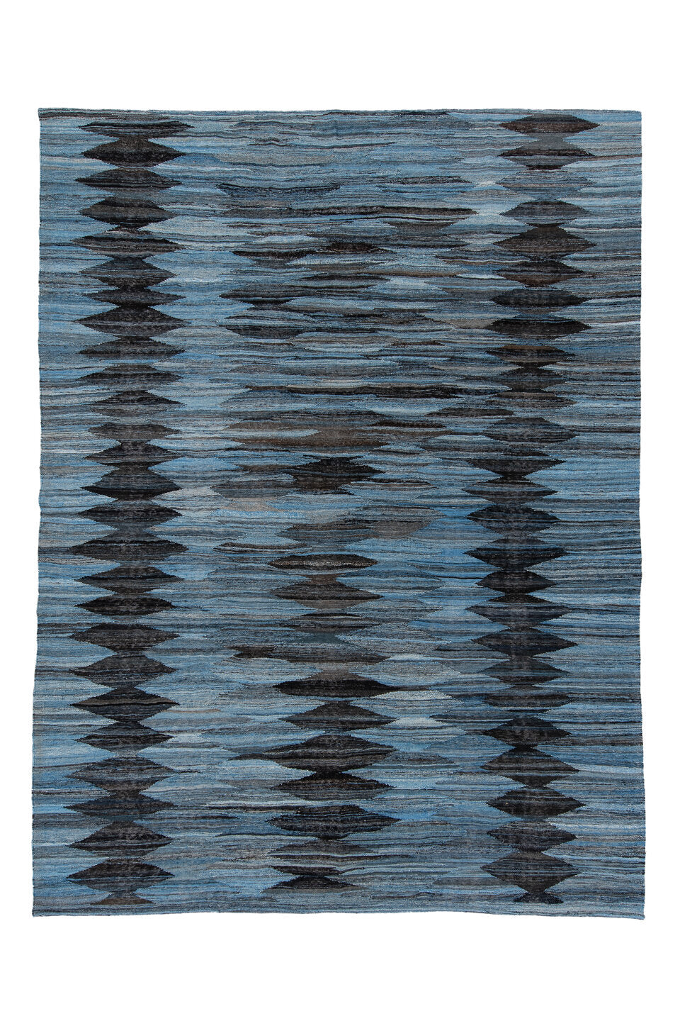 9' x 11' one-of-a-kind handmade vintage Kilim large size rug. Color palette: blue, dark gray, gray, light blue, light gray