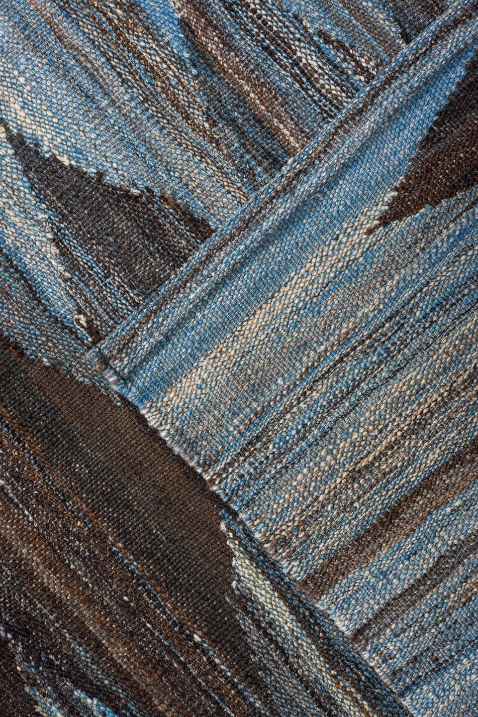 9' x 11' one-of-a-kind handmade vintage Kilim large size rug. Color palette: blue, dark gray, gray, light blue, light gray