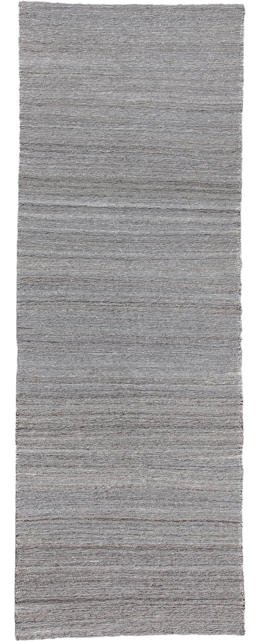 3' x 9' one-of-a-kind handmade vintage Kilim runner rug. Color palette: gray, taupe, ivory, charcoal, beige, black
