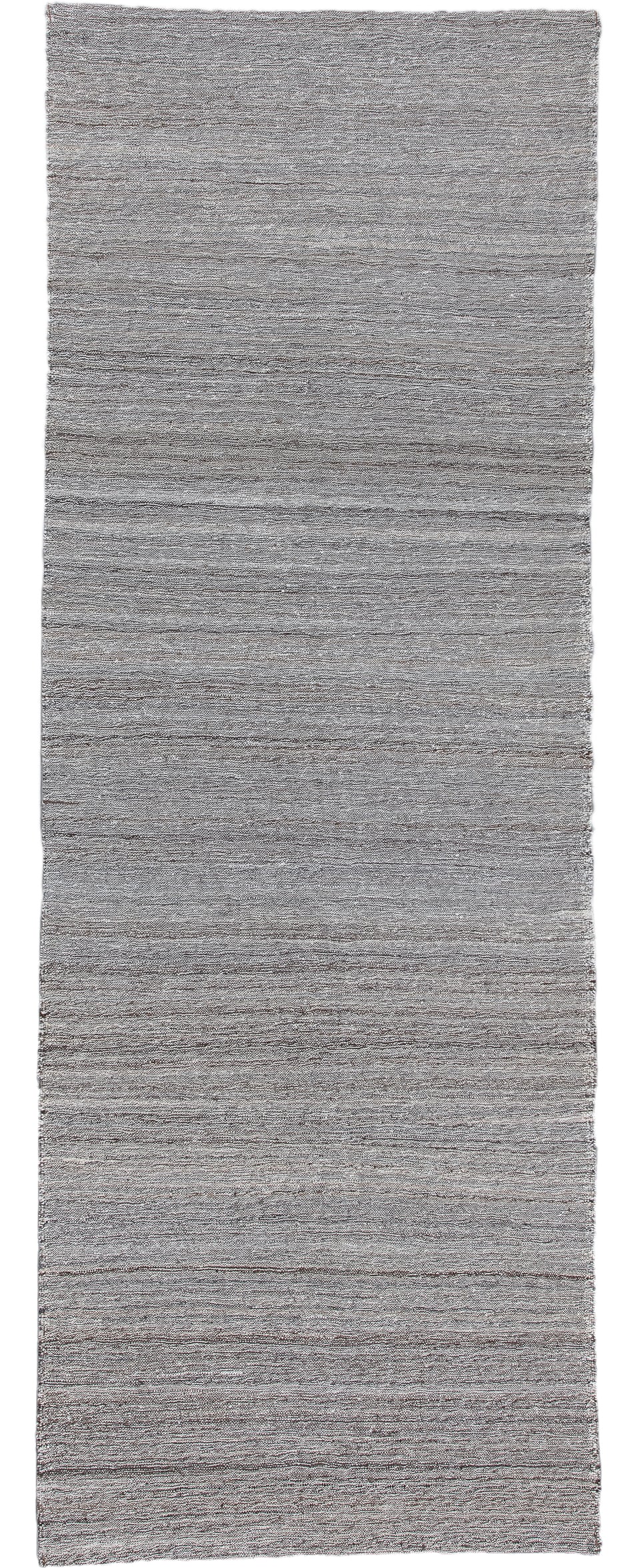 3' x 9' one-of-a-kind handmade vintage Kilim runner rug. Color palette: gray, taupe, ivory, charcoal, beige, black