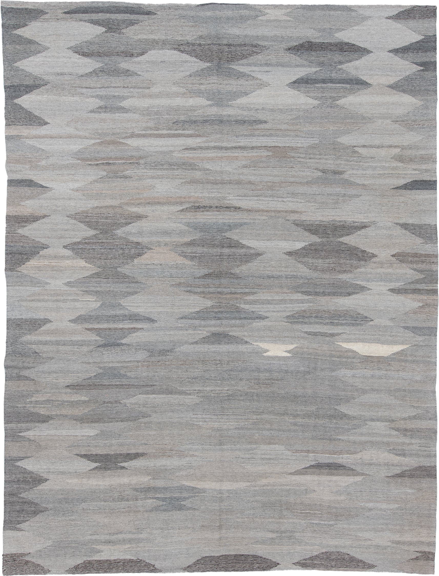 9' x 12' one-of-a-kind handmade vintage Kilim large size rug. Color palette: gray, ivory, taupe, charcoal, greige, beige