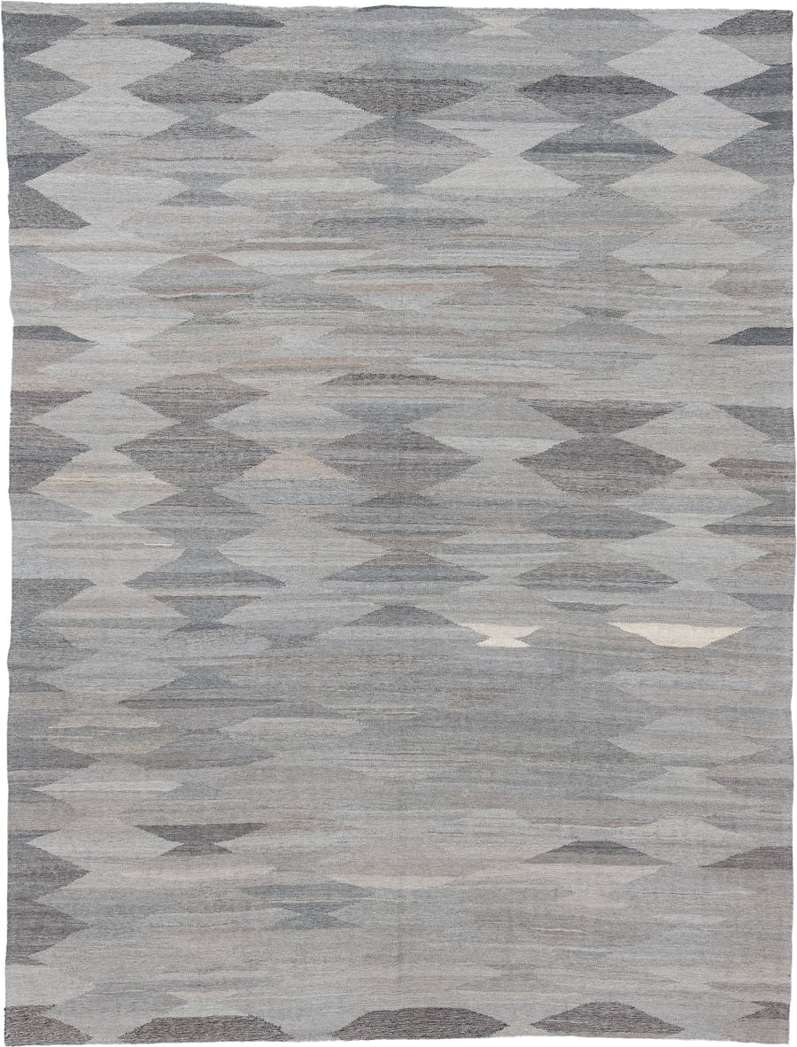 9' x 12' one-of-a-kind handmade vintage Kilim large size rug. Color palette: gray, ivory, taupe, charcoal, greige, beige