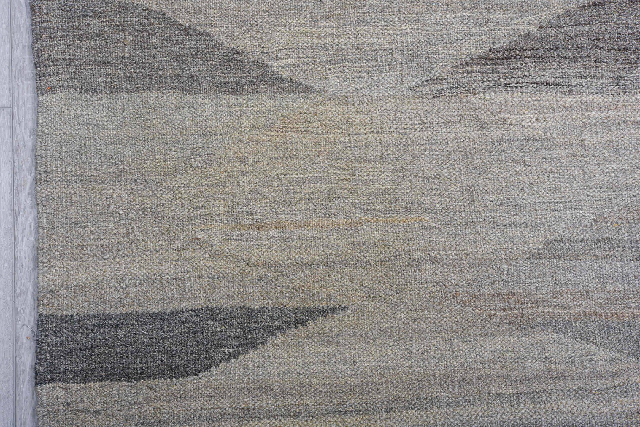 9' x 12' one-of-a-kind handmade vintage Kilim large size rug. Color palette: gray, ivory, taupe, charcoal, greige, beige