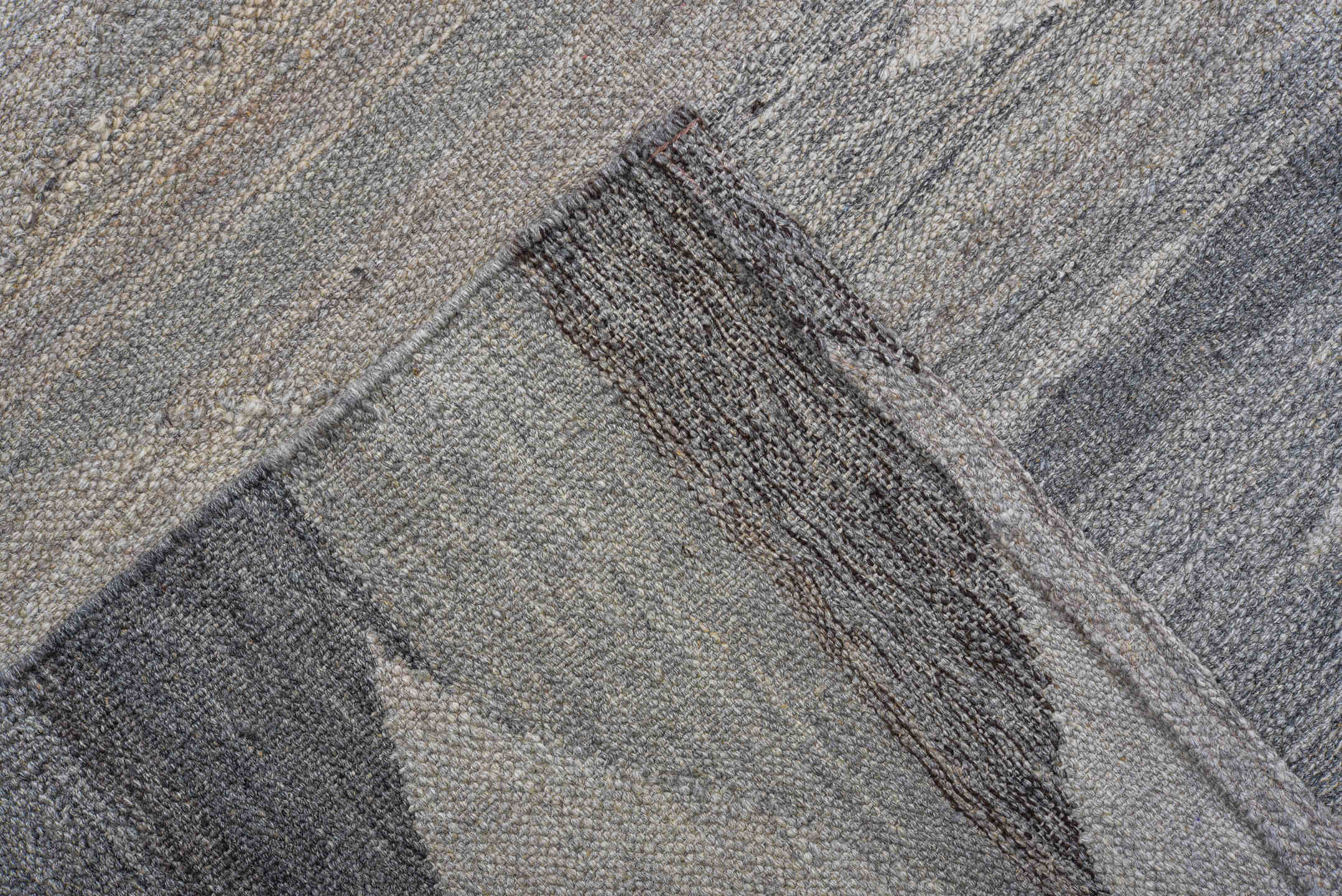 9' x 12' one-of-a-kind handmade vintage Kilim large size rug. Color palette: gray, ivory, taupe, charcoal, greige, beige