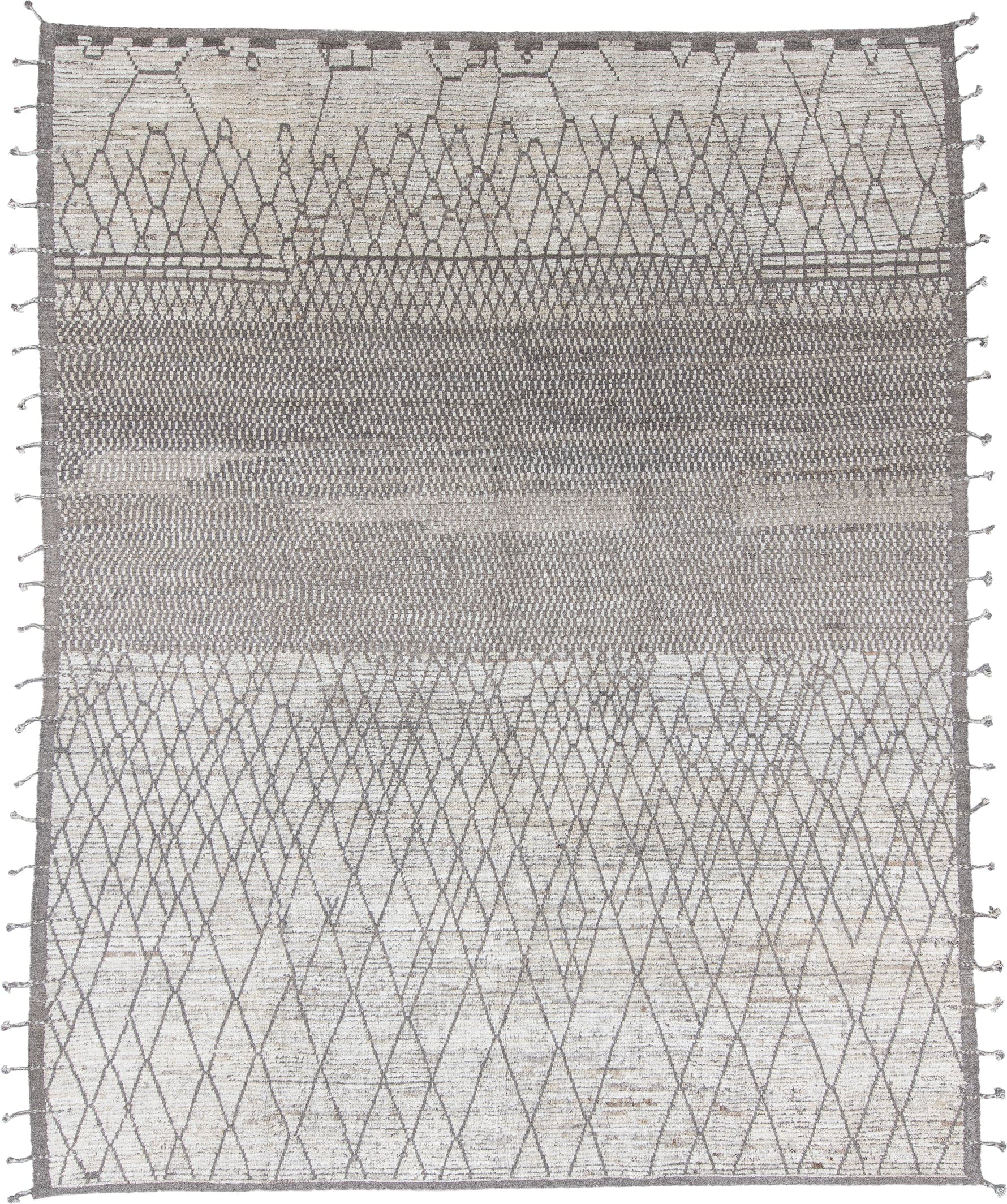 9' x 11' one-of-a-kind handmade vintage Tulu large size rug. Color palette: ivory, taupe, gray, charcoal, cream, beige