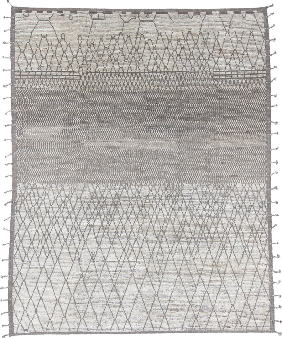 9' x 11' one-of-a-kind handmade vintage Tulu large size rug. Color palette: ivory, taupe, gray, charcoal, cream, beige