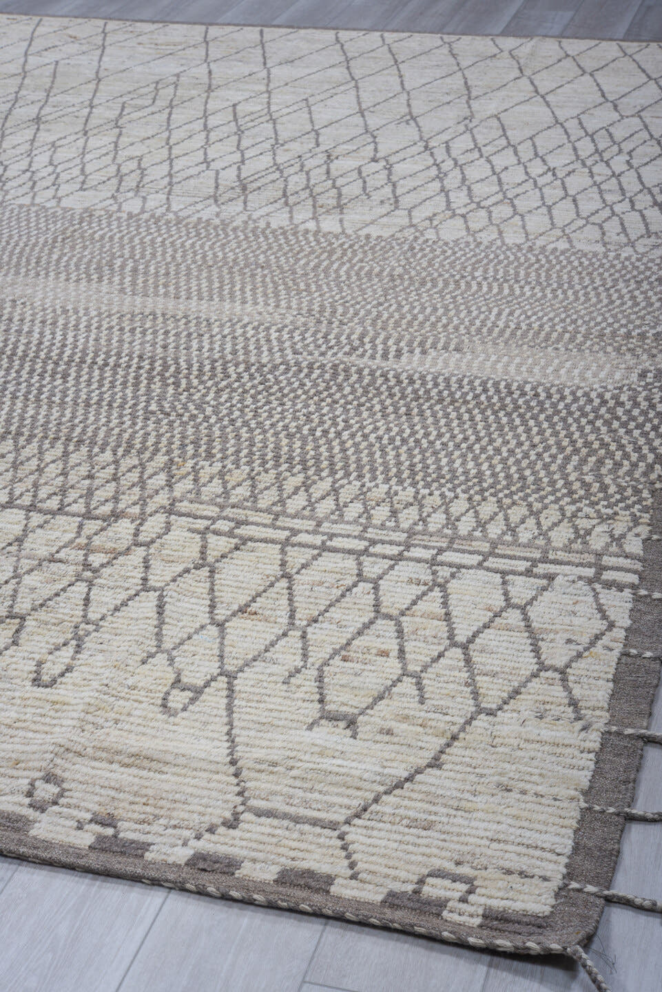9' x 11' one-of-a-kind handmade vintage Tulu large size rug. Color palette: ivory, taupe, gray, charcoal, cream, beige