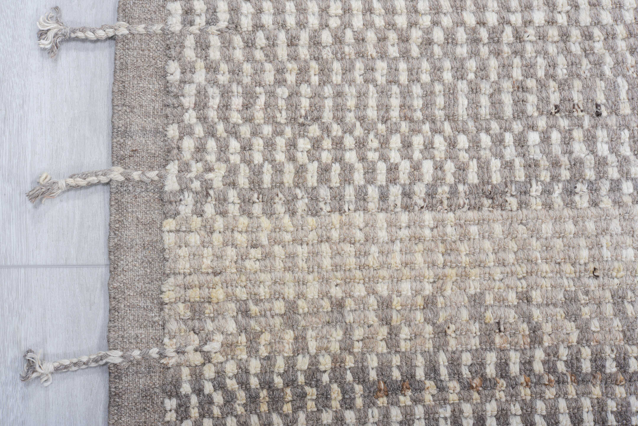 9' x 11' one-of-a-kind handmade vintage Tulu large size rug. Color palette: ivory, taupe, gray, charcoal, cream, beige