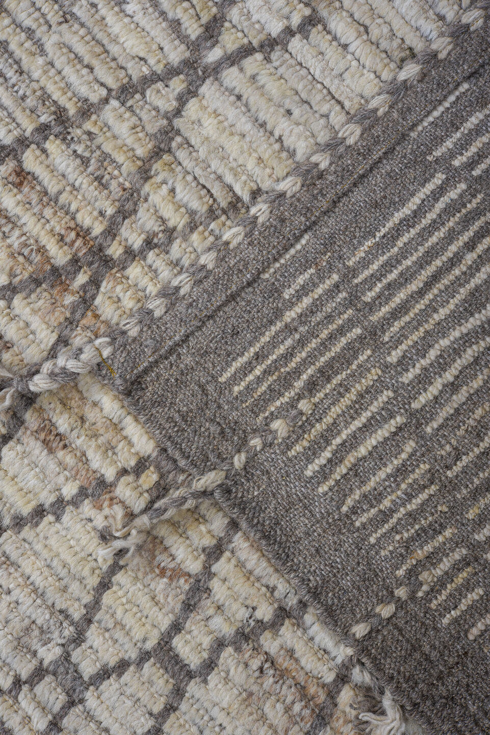 9' x 11' one-of-a-kind handmade vintage Tulu large size rug. Color palette: ivory, taupe, gray, charcoal, cream, beige