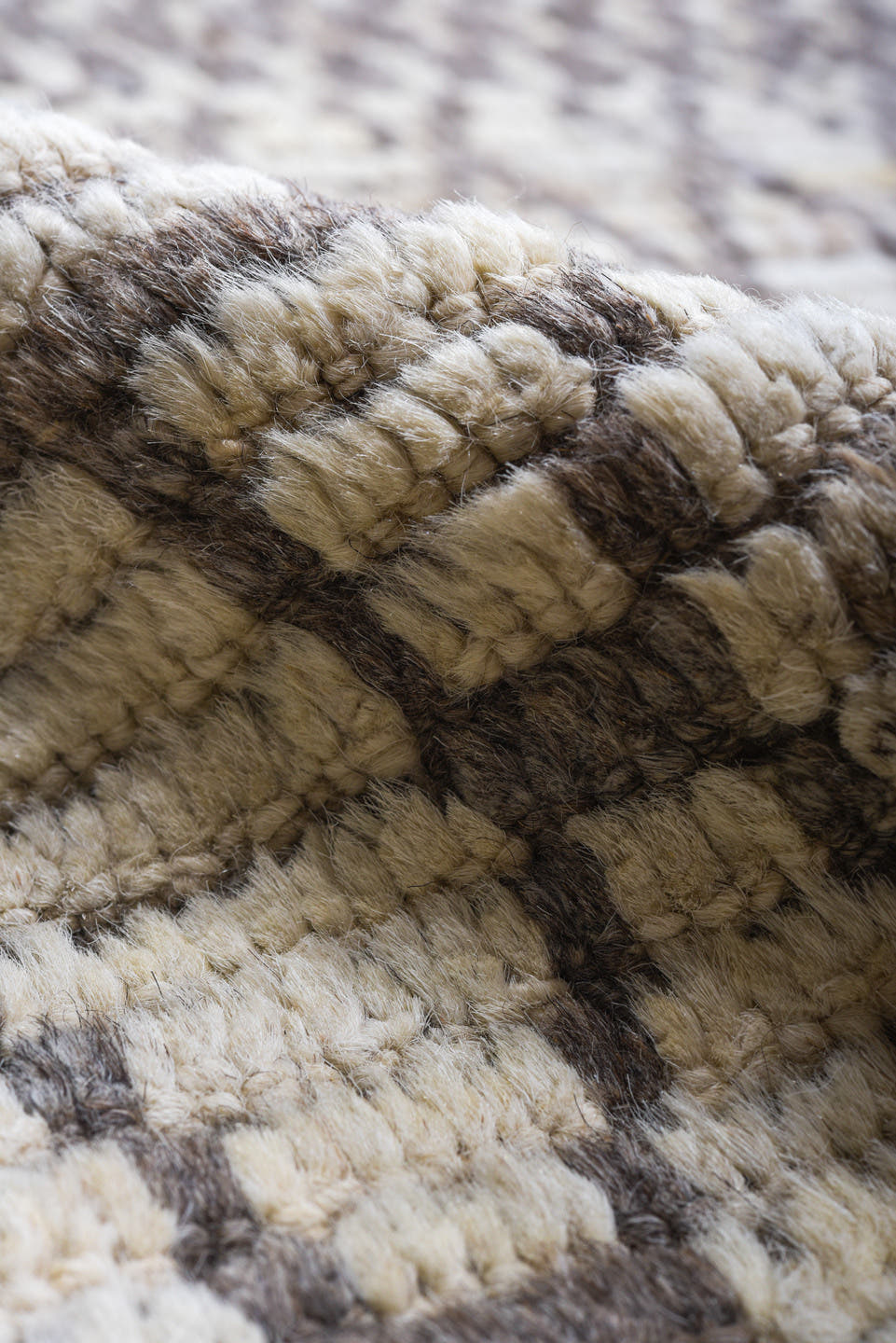 9' x 11' one-of-a-kind handmade vintage Tulu large size rug. Color palette: ivory, taupe, gray, charcoal, cream, beige