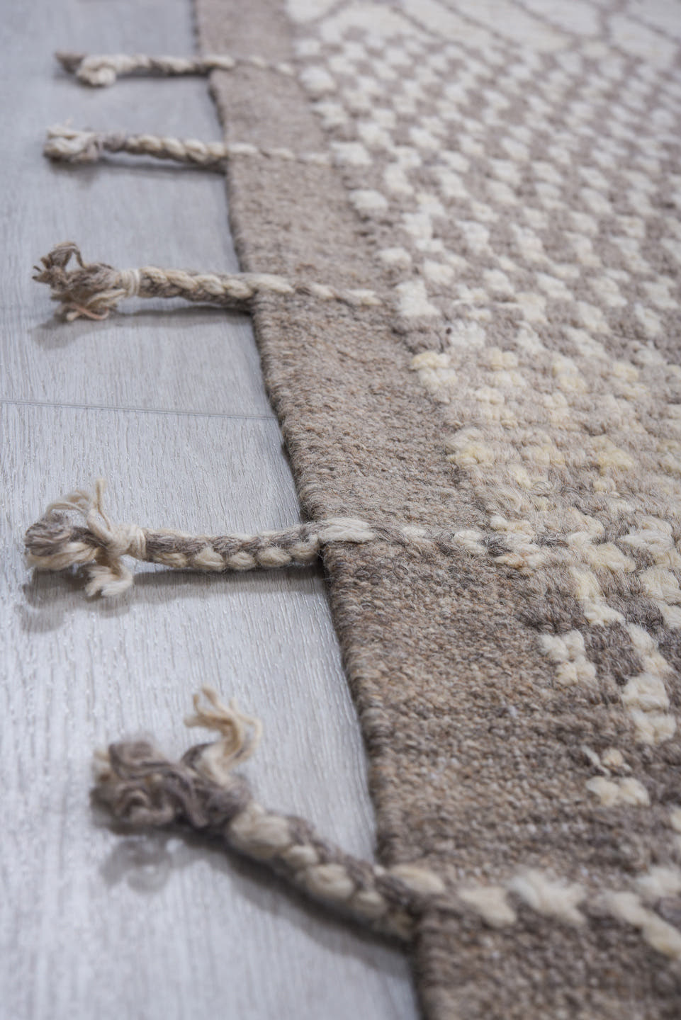 9' x 11' one-of-a-kind handmade vintage Tulu large size rug. Color palette: ivory, taupe, gray, charcoal, cream, beige