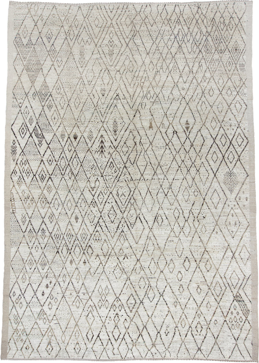 12' x 17' one-of-a-kind handmade vintage Tulu oversize rug. Color palette: ivory, taupe, brown, beige, camel, gray