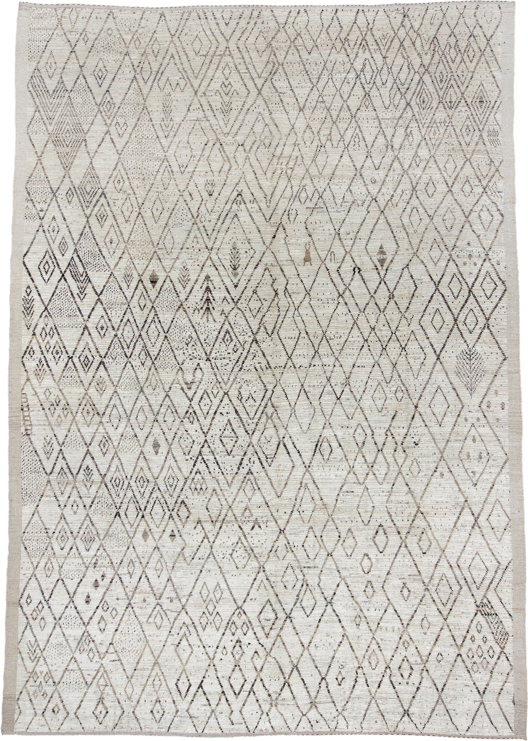 12' x 17' one-of-a-kind handmade vintage Tulu oversize rug. Color palette: ivory, taupe, brown, beige, camel, gray