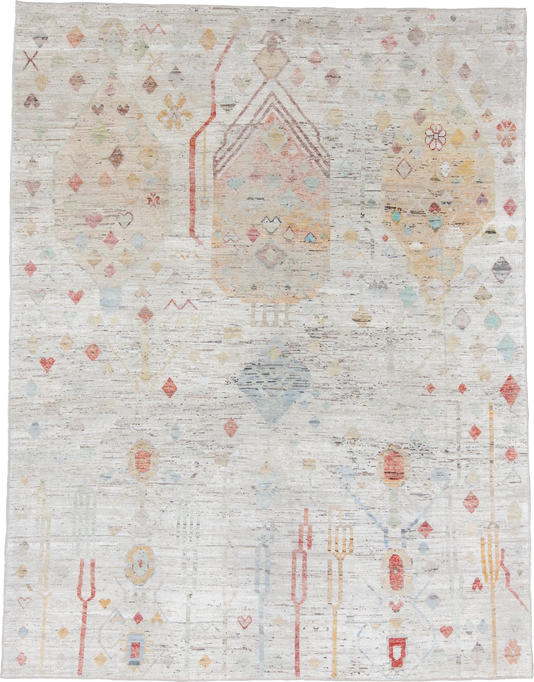 10' x 13' one-of-a-kind handmade vintage Tulu large size rug. Color palette: ivory, camel, sky_blue, coral, gold, sage, rose