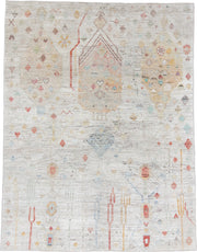 10' x 13' one-of-a-kind handmade vintage Tulu large size rug. Color palette: ivory, camel, sky_blue, coral, gold, sage, rose