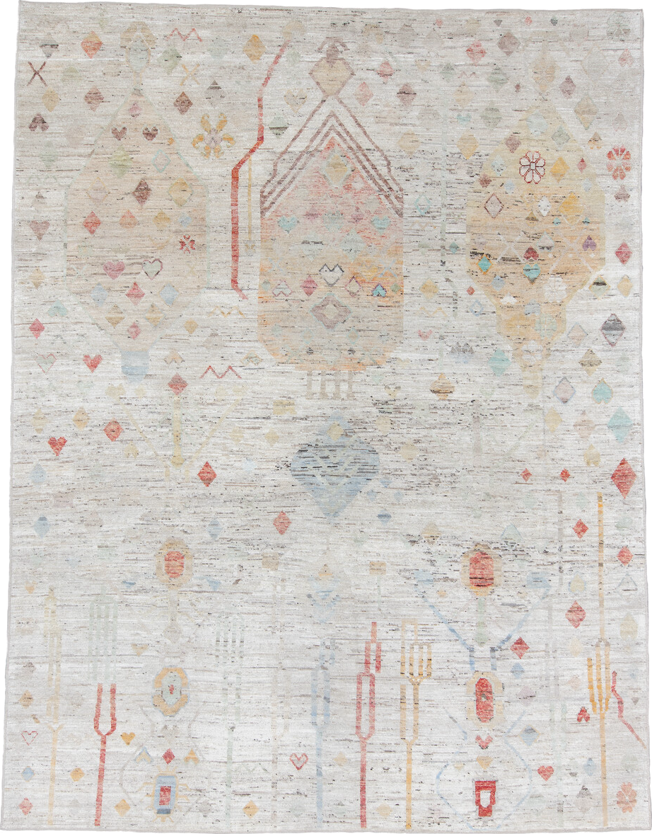 10' x 13' one-of-a-kind handmade vintage Tulu large size rug. Color palette: ivory, camel, sky_blue, coral, gold, sage, rose