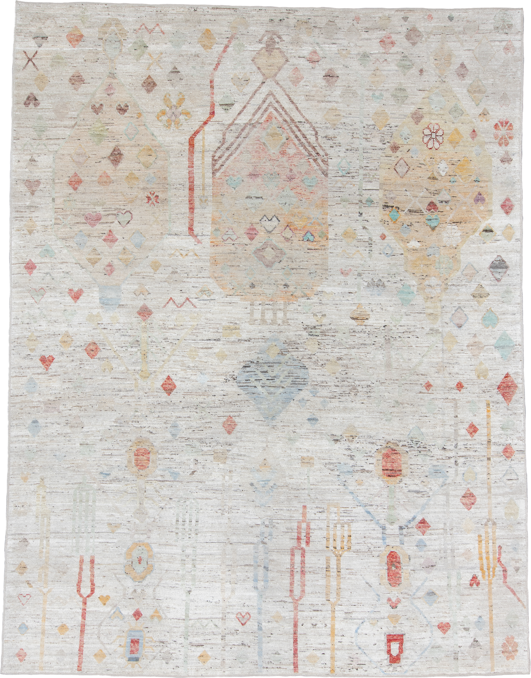 10' x 13' one-of-a-kind handmade vintage Tulu large size rug. Color palette: ivory, camel, sky_blue, coral, gold, sage, rose