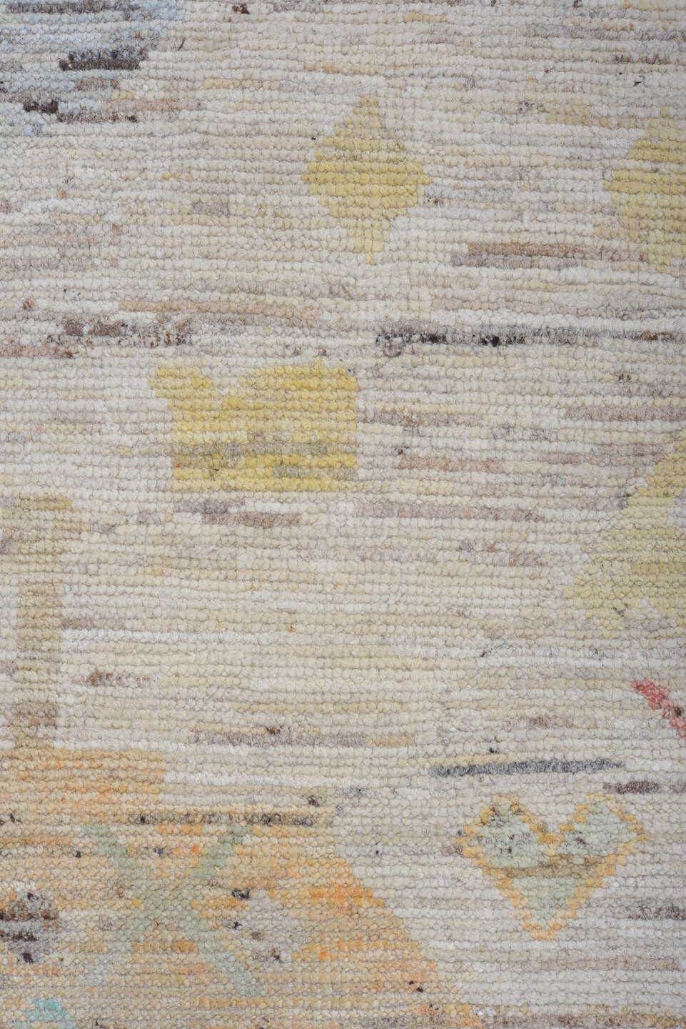 10' x 13' one-of-a-kind handmade vintage Tulu large size rug. Color palette: ivory, camel, sky_blue, coral, gold, sage, rose