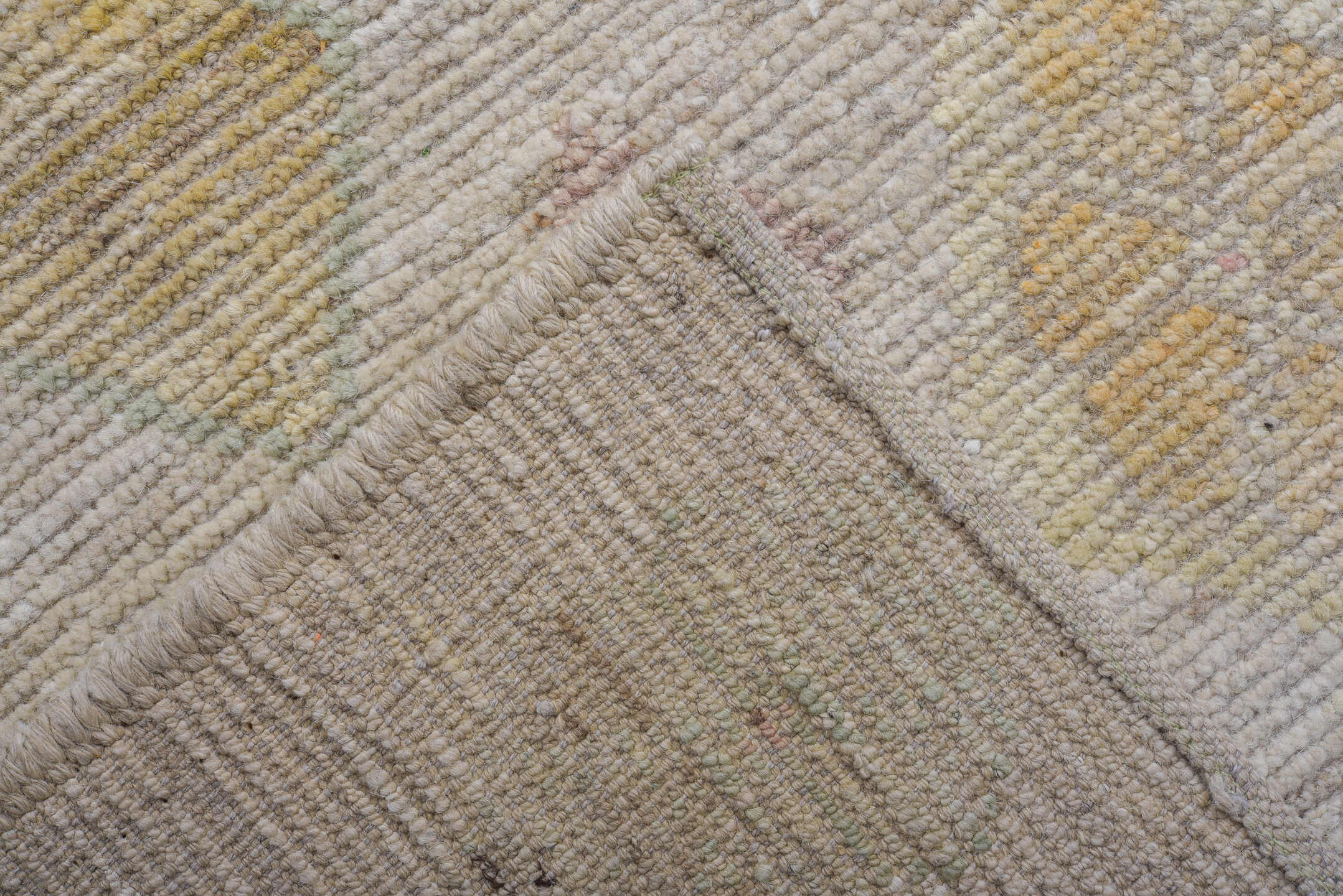 10' x 13' one-of-a-kind handmade vintage Tulu large size rug. Color palette: ivory, camel, sky_blue, coral, gold, sage, rose