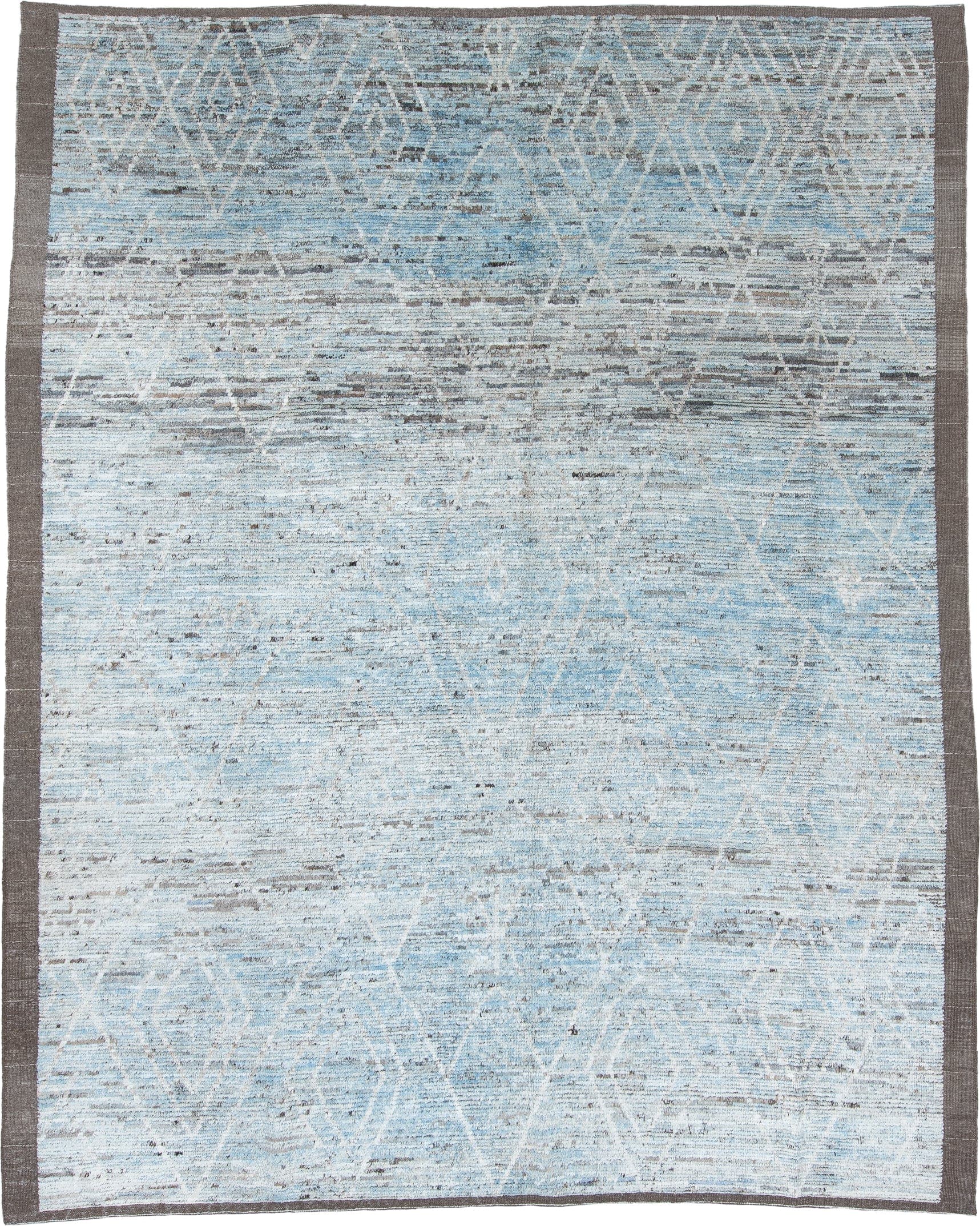 9' x 11' one-of-a-kind handmade vintage Tulu large size rug. Color palette: pale blue, ivory, taupe, gray, light blue, beige